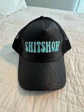 Black Glitter Women’s Trucker Hat with Turquoise 'SHITSHOW' Embroidery